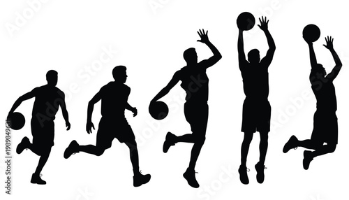 A dynamic sequence of basketball players in action captured as a striking black silhouette