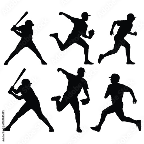 A collection of baseball players in dynamic action poses depicted as a striking silhouette