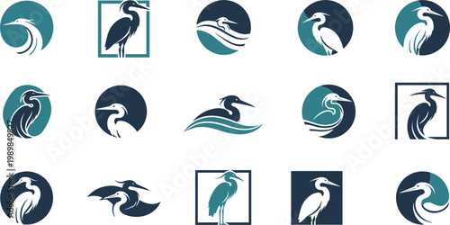 Collection of heron bird logo icons combined with wave elements in modern minimal style for branding, marine and wildlife design concepts