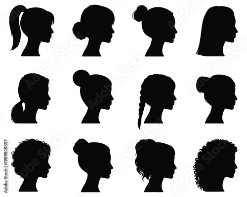 A collection of diverse female profile silhouettes showcasing varying hairstyles and facial features silhouette