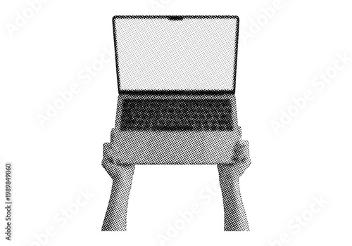 Trendy hand using laptop computer halftone collage. Retro halftone collage element isolated on transparent background