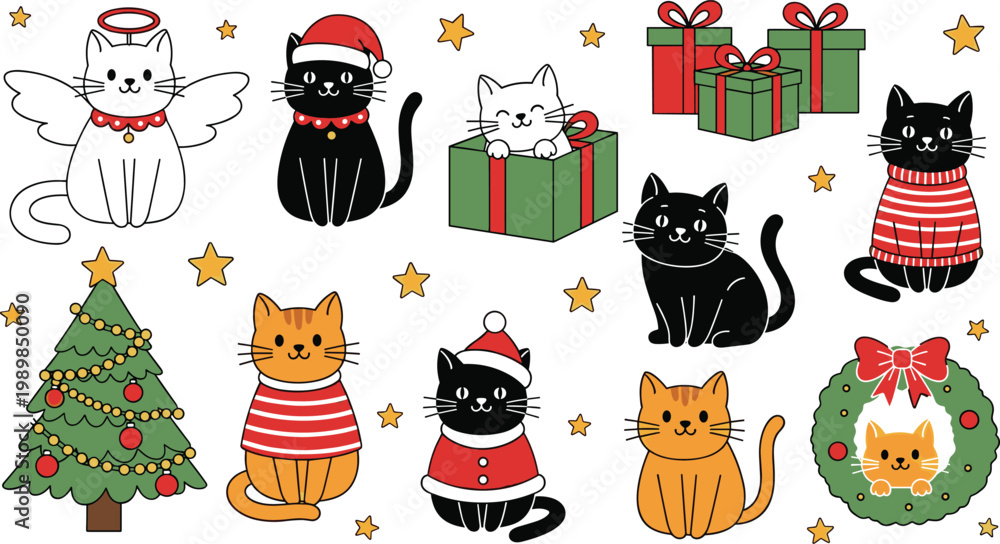 Fototapeta premium Festive Cats in Christmas Outfits with Gifts, Tree, and Wreath for Holiday, Kids' Illustrations, and Seasonal Designs