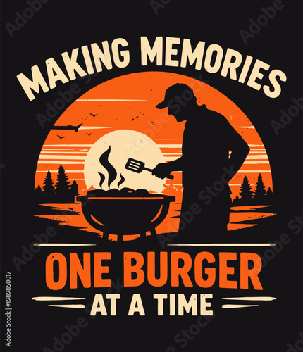Making Memories One Burger at a Time – Vintage BBQ Grill Sunset Silhouette