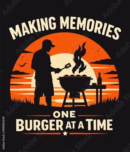 Making Memories One Burger at a Time – Vintage BBQ Grill Sunset Silhouette