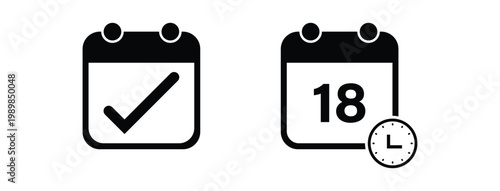 Calendar and Appointment Icon Set. Vector Minimalist Symbols Featuring a Checkmark for Completed Tasks and Date 18 with a Clock for Scheduled Events.  Vector illustration