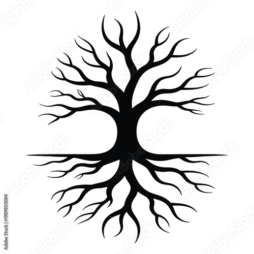 A striking black tree with expansive roots and branches presented as a dark silhouette