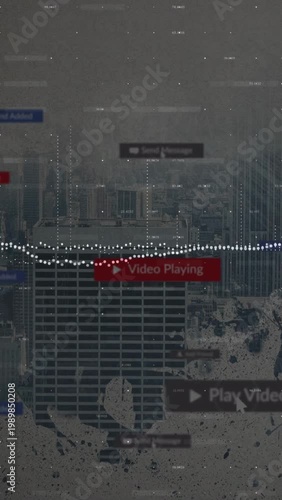 Vertical video: High-rise building standing fixed, waveform rising causing red play badges for tech