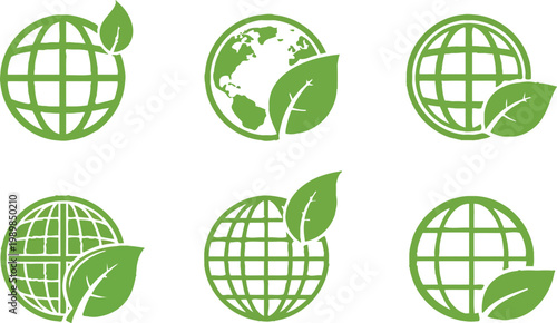 Collection of green earth icons with leaves