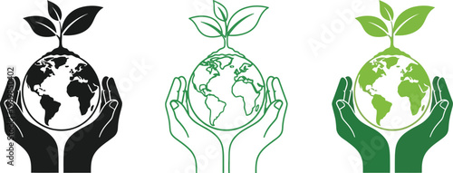 Vector illustrations of hands holding a globe with a plant growing on top in black, green