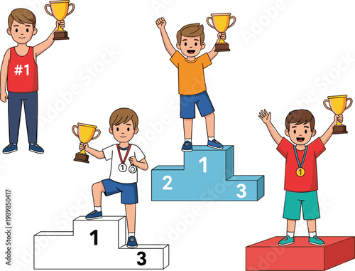 Cartoon kids winners holding trophies on podium celebrating first, second and third place achievements in playful colorful illustration style