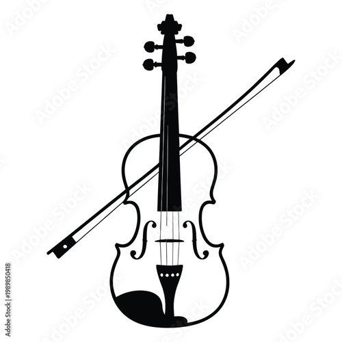 A striking black and white illustration depicts a violin with a bow a musical silhouette