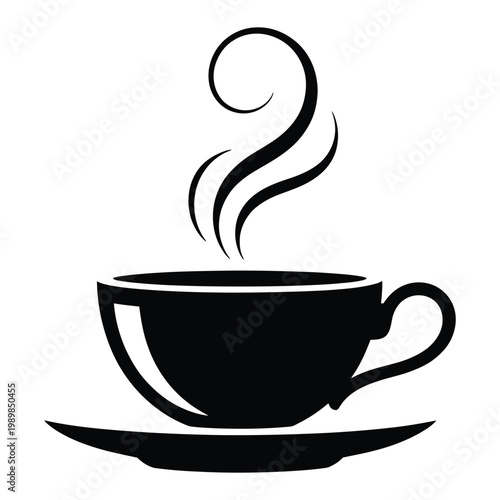 A black silhouette of a full coffee cup sitting on a saucer with rising steam silhouette