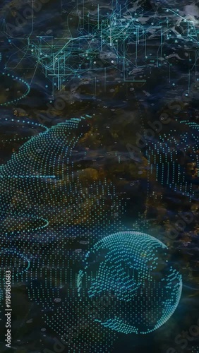 Vertical video: Left rings pulsing starting cyan globe rising, dome sweeping, net visualizing data