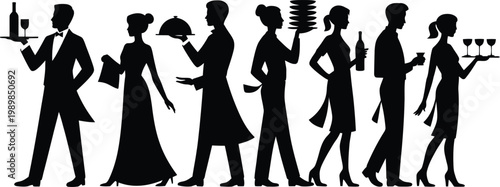 Silhouettes of catering staff serving food and drinks