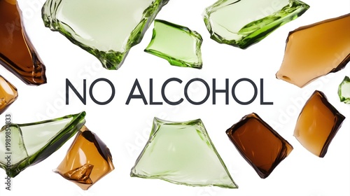 Collection of Broken Glass Pieces Scattered on White Background Representing No Alcohol