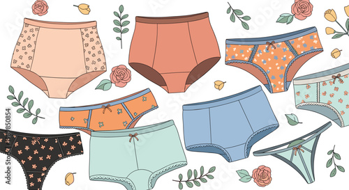 Patterned Underwear Set in Various Styles with Floral Designs for Lingerie, Fashion, and Textile Illustrations