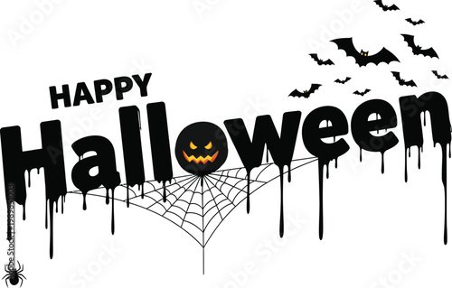 Happy halloween greeting card with spider web and bats