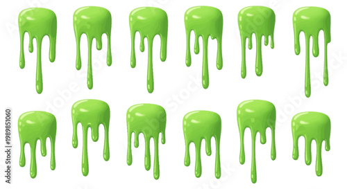 Quadro su tela Green slime drips and toxic ooze splashes, set of 12 glossy liquid borders, neon