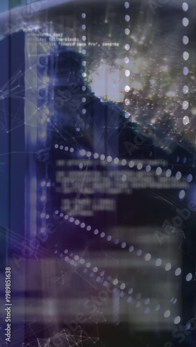 Vertical video: Central subject showing server data, nebula bursts rising lower-left blurring code