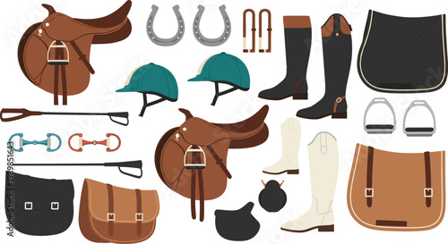Equestrian Gear Set Including Saddles, Boots, Helmets, and Accessories for Horse Riding Illustrations and Sports Designs