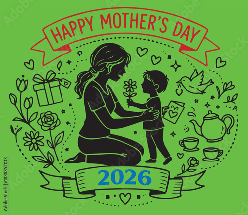 Mother’s Day 2026 Green Screen Illustration – Mother and Child with Decorative Elements