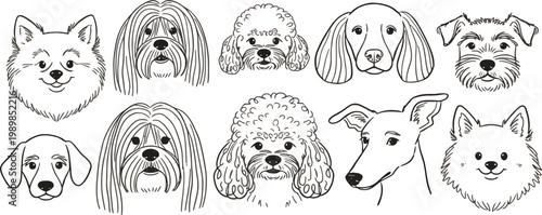 Collection of nine dog head illustrations in black and white