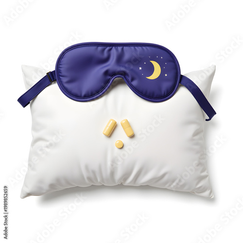 melatonin tablets with pillow and sleep mask for insomnia treatment night routine isolated on white background