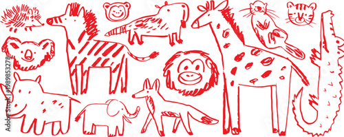 Child's colorful animal drawing a whimsical zoo scene in red and white