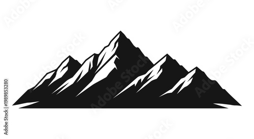 Black and white mountain range silhouette with snow peaks on plain background