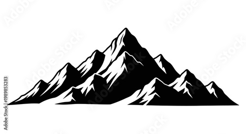 Snowy mountain range silhouette with sharp peaks and white highlights on a plain background