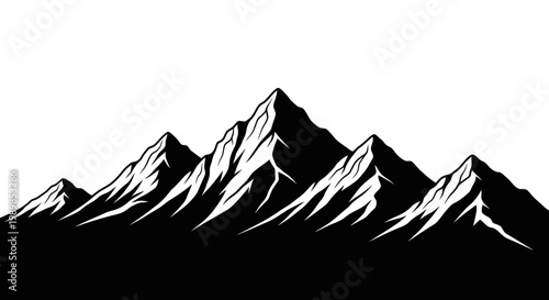 Snowy mountain range silhouette with rugged peaks against a white background