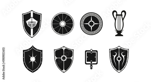 Collection of black and white heraldic shields and symbols for design