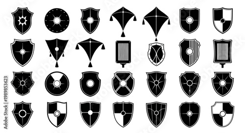 Collection of black and white heraldic shield icons with various designs on white background