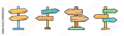 Rustic wooden signpost collection, hand drawn directional arrow signs, colorful timber guideposts set, vintage wood planks for navigation and travel