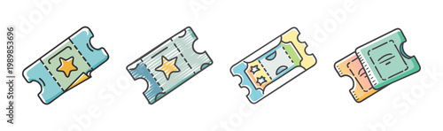 Retro movie ticket vector icons set, vintage cinema admission coupons with star symbols, colorful paper event passes for entertainment and theater