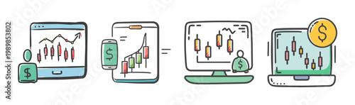 Hand drawn stock market trading icons, financial investment data on digital screens, set of 4 doodle vector illustrations for business analytics