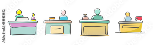 Hand drawn reception desk icons set, colorful sketch of hotel check-in counters, 4 customer service desk vector illustrations for business web design