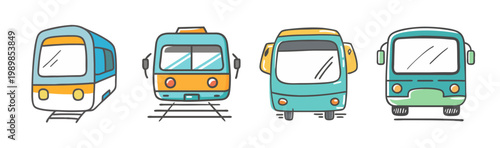Hand-drawn public transport vector set, 4 colorful icons of subway train and city bus, cartoon style transit vehicles for urban travel design