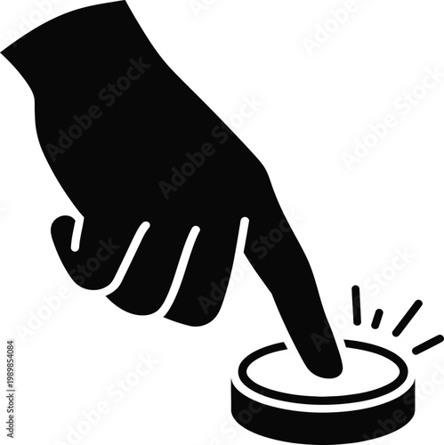 Black hand finger pressing a round button with radiating lines