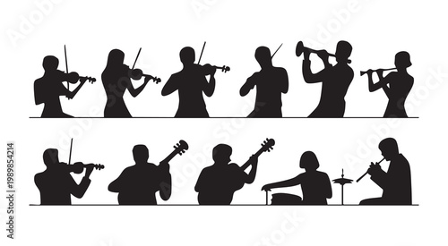 Silhouette of orchestra musicians playing instruments such as violin trumpet flute and bass guitar.
