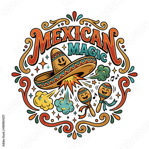 Retro Mexican Magic sombrero and maracas illustration