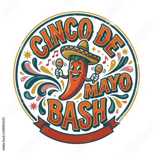 Cinco de Mayo Bash with Chili Pepper Mascot Playing Maracas