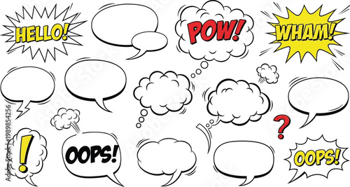 Collection of hand drawn comic book speech bubbles and sound effects
