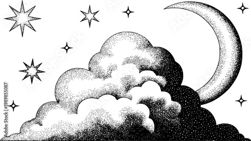 Crescent moon and stars peeking through textured clouds in a whimsical, stippled night sky