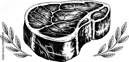 Detailed black and white engraving of a raw steak with olive branches meat food beef