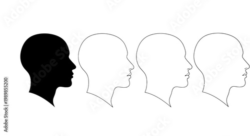 Minimalist human head profile silhouettes, black leader icon standing out from white outlines, concept of individuality and leadership vector