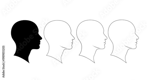 Minimalist human head silhouette profile, black leadership icon standing out from crowd, unique individual concept vector, psychological identity illustration