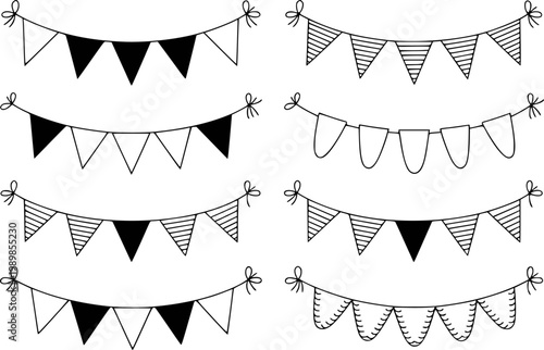 Collection of hand-drawn bunting flags with various patterns and solid colors white background