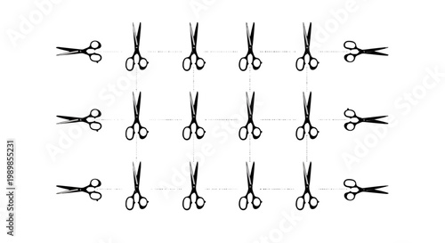 Minimalist scissors with dashed cut lines vector, black and white coupon border icons, 18 scissor symbols for packaging and craft instructions