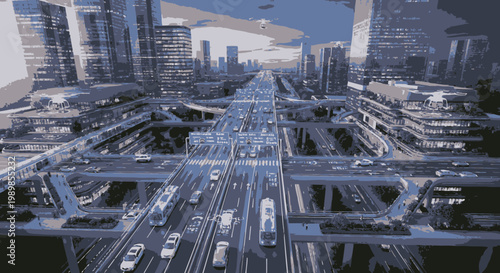 Futuristic Cityscape with Multi-Lane Highway and Modern Architecture